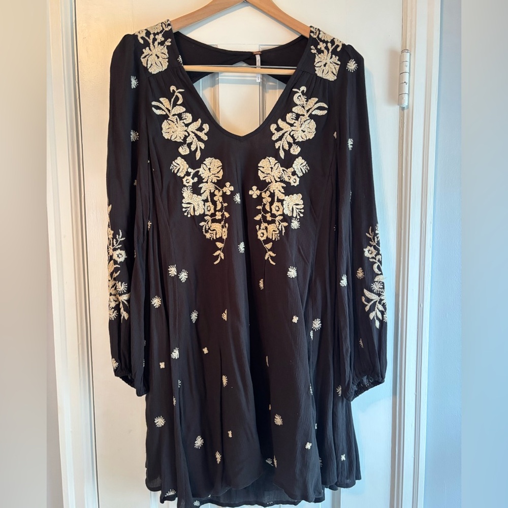 Free People Black Dress with White Floral Embroidery